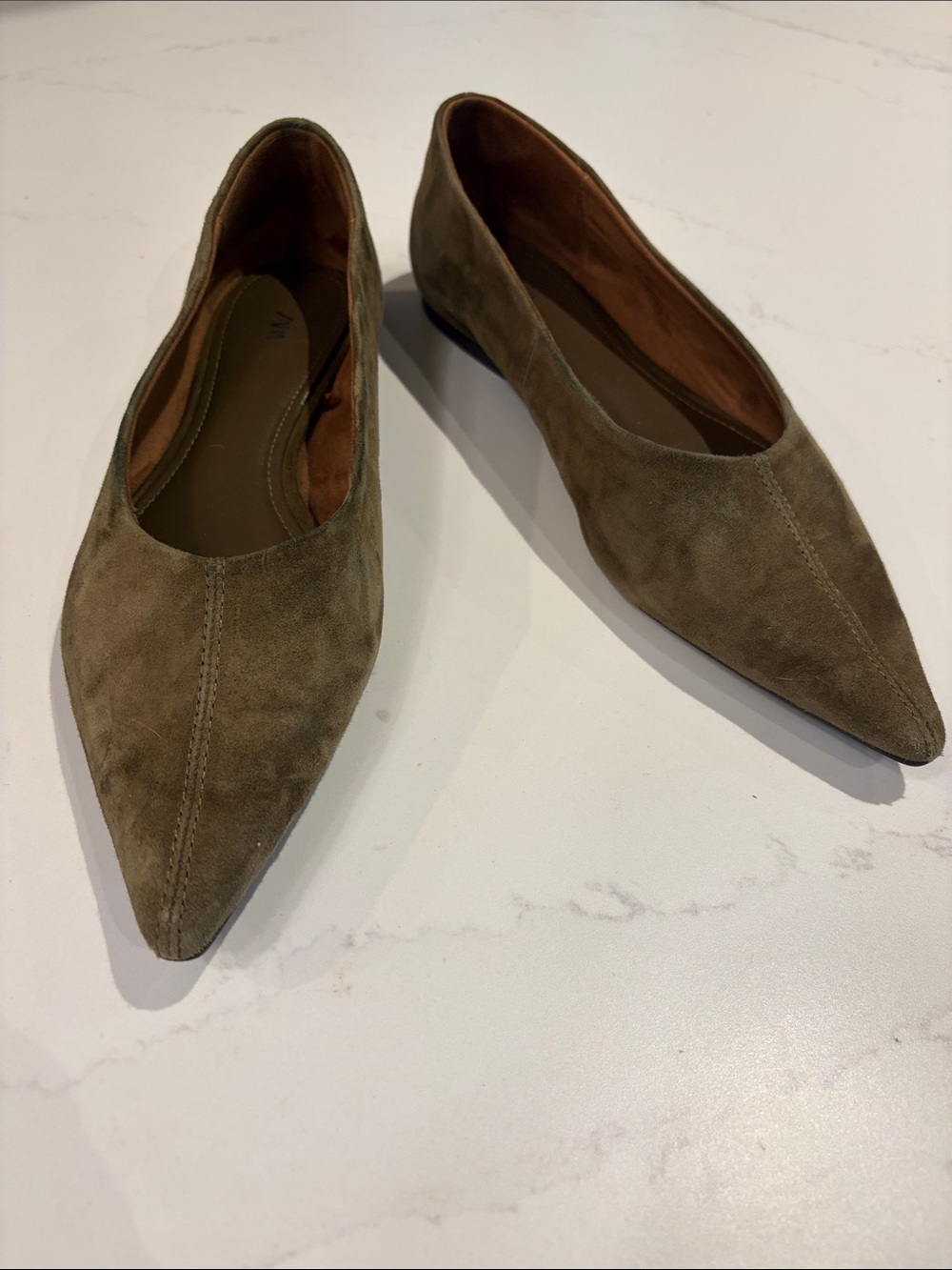 Pointed Toe Suede Flats in Olive Brown